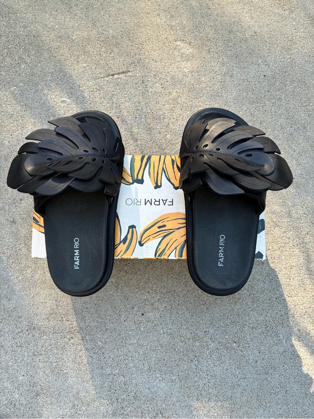 FARM RIO Black Leaf-Detail Slide Sandals